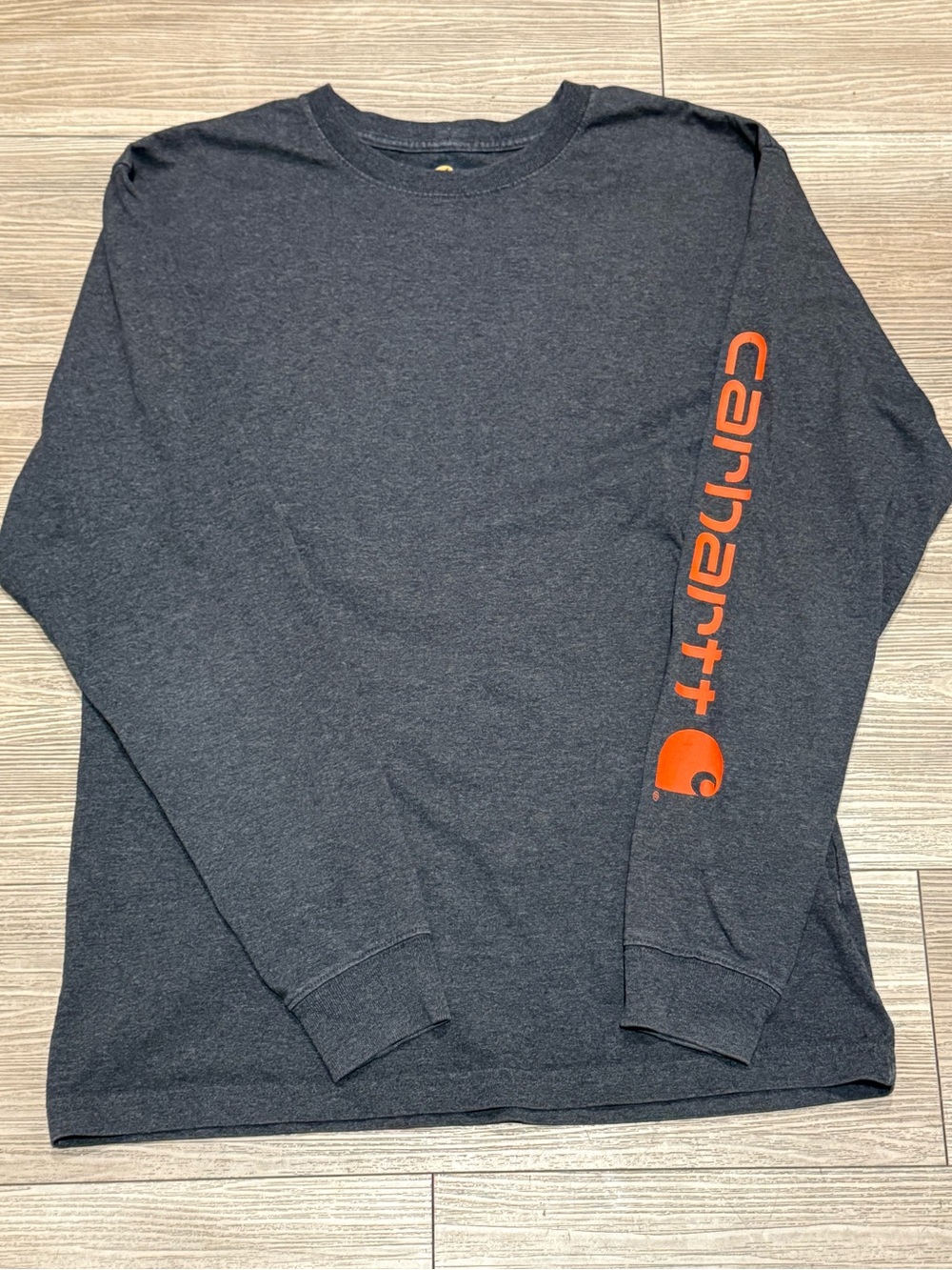 Carhartt Charcoal Long-Sleeve Tee with Orange Sleeve Logo